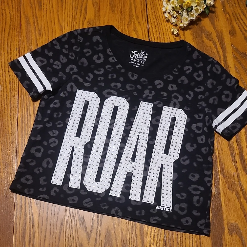 Justice Black and Gray Leopard Print ROAR Tee - Girl's 12